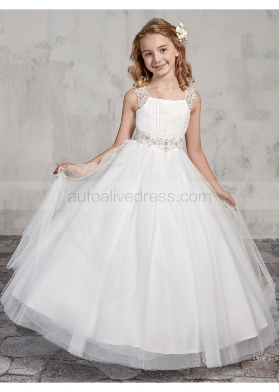 Square Neck Ivory Ruched Tulle Ankle Length Flower Girl Dress